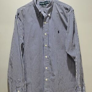 Men XL Ralph Lauren Navy Blue/White Striped Custom Fit Button‎ Long Sleeve Shirt